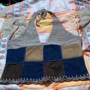 Vtg Wilson's Leather Maxima Halter crop Top Crochet patchwork tan blue brown XL